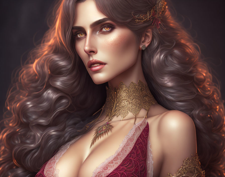 Detailed illustration: Woman with voluminous wavy hair, ornate gold jewelry, and burgundy lace