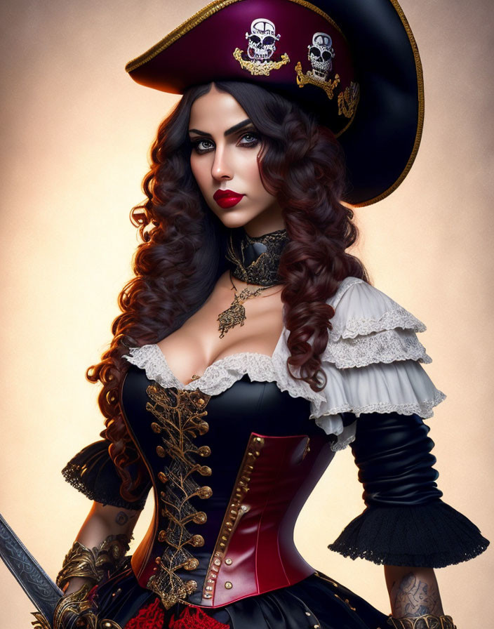 Detailed illustration of woman in pirate costume with tricorn hat, corset, ruffled blouse, and