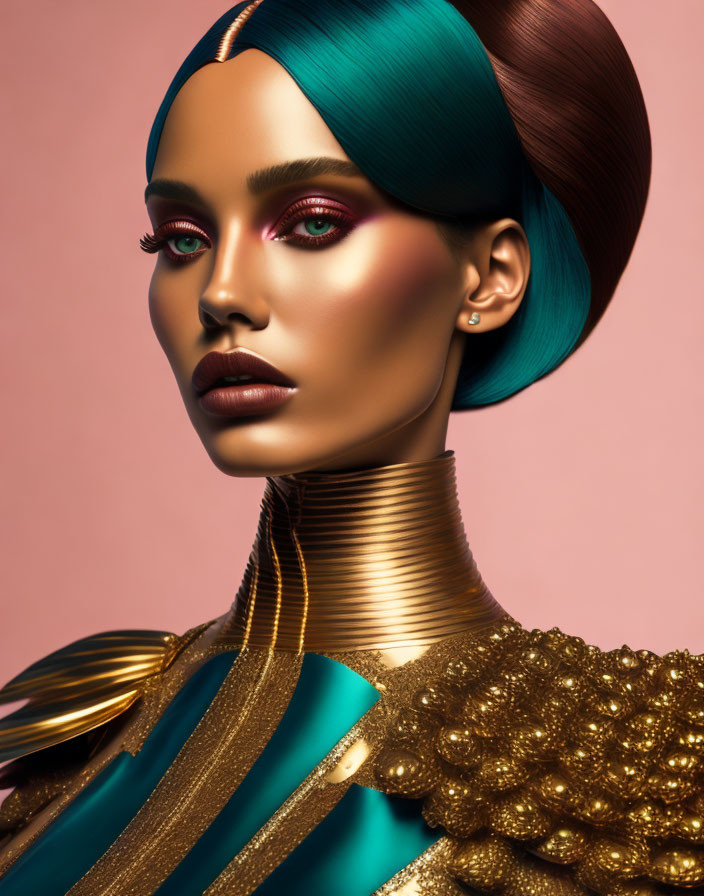 Digital art portrait of female model with stylized hair and futuristic gold neckpiece on pink background