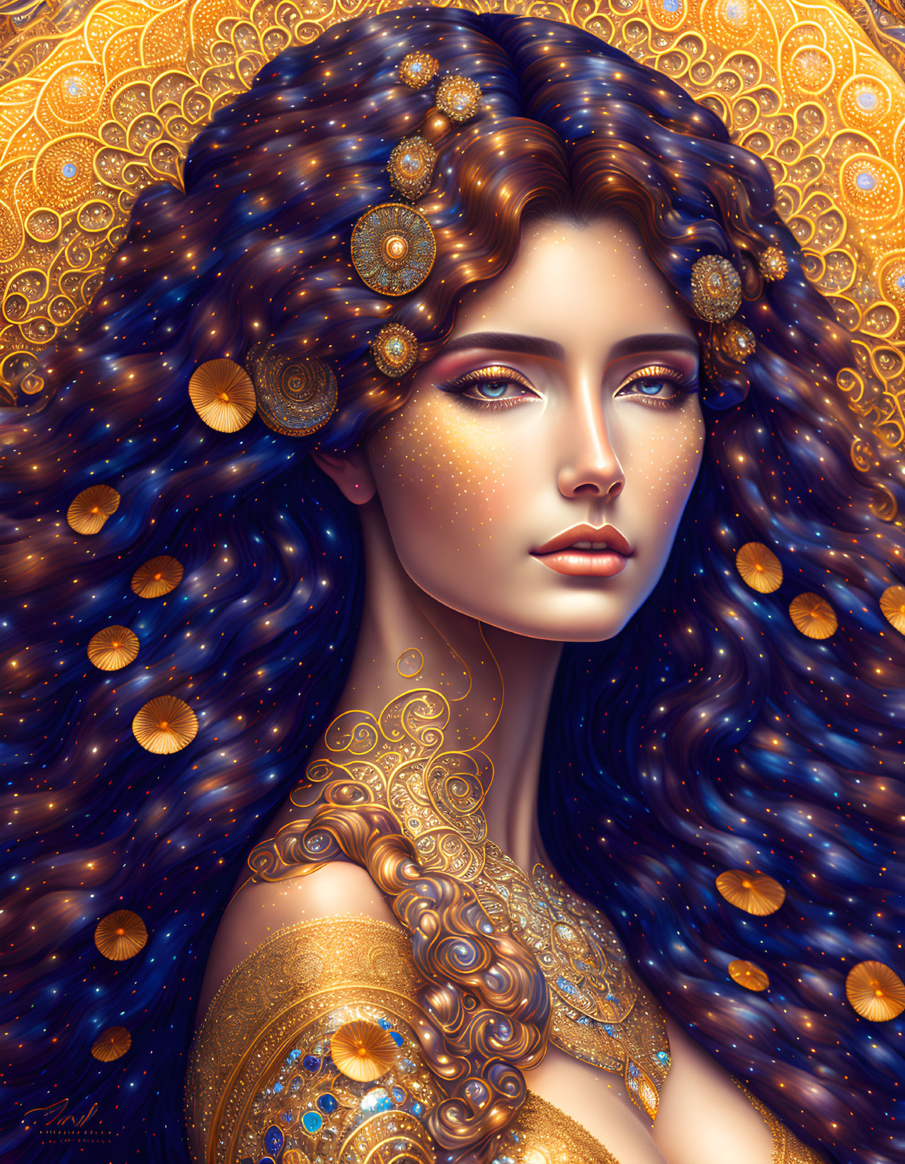 Detailed Illustration of Woman with Long Blue Hair and Golden Ornaments