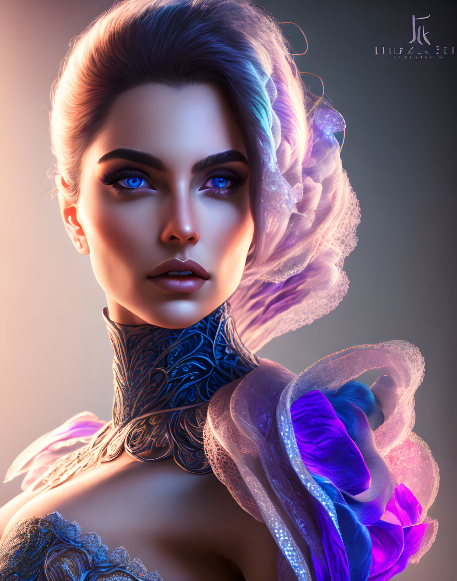 Portrait of a woman with blue eyes, purple hair, and intricate neckpiece