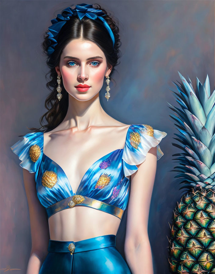 Dark-haired woman in blue dress with pineapple patterns and gold accessories beside pineapple