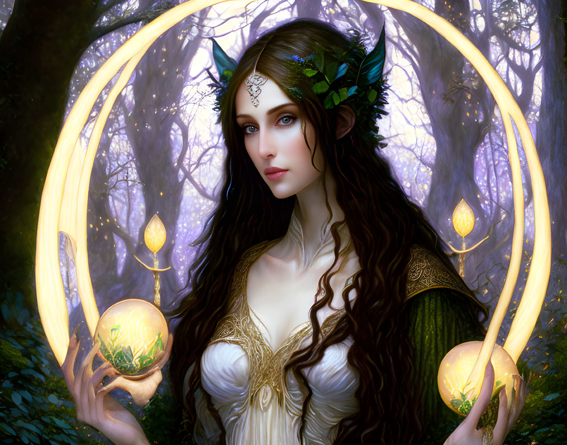 Mystical woman with leafy adornments and glowing orb in enchanted forest.