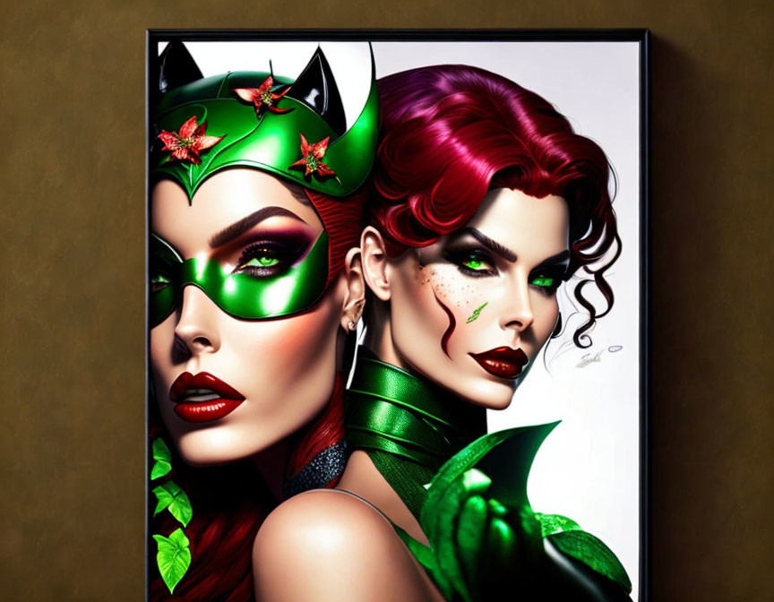 Stylized artistic portrait of two women as comic book characters with cat and plant motifs