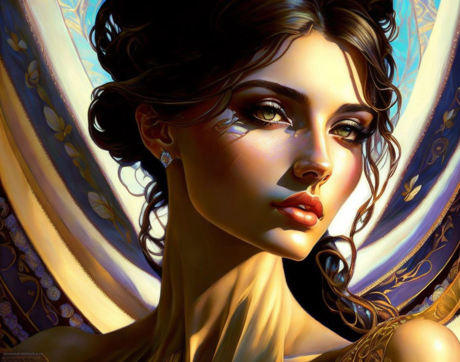 Detailed Makeup and Golden Jewelry: Fantasy Digital Portrait with Patterned Drapes