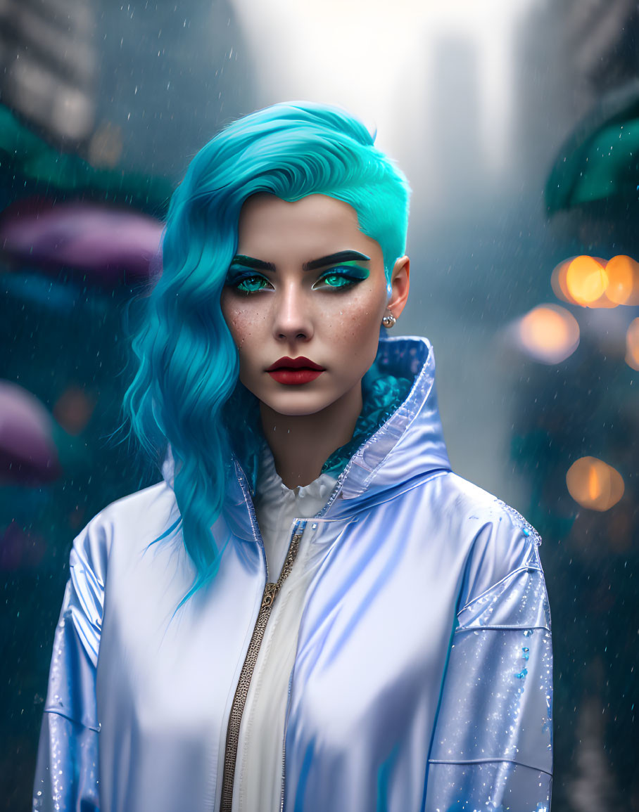 Woman with bright blue hair in silver jacket under city lights