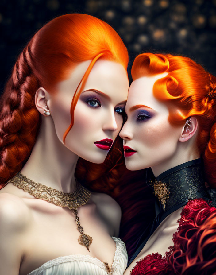 Two women with vibrant red hair and striking makeup in vintage-inspired attire.