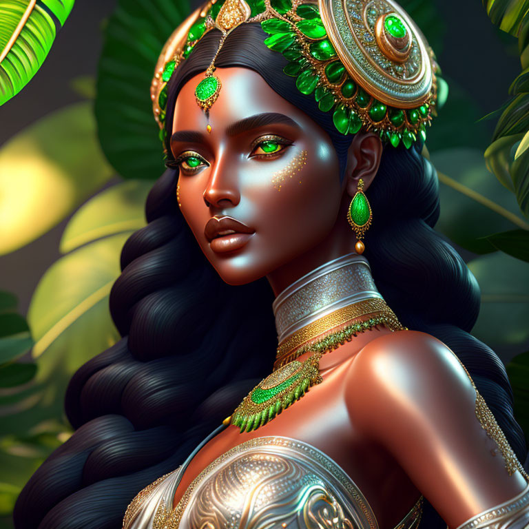 Digital artwork of woman with dark skin, golden headdress, jewelry, and lush green foliage.