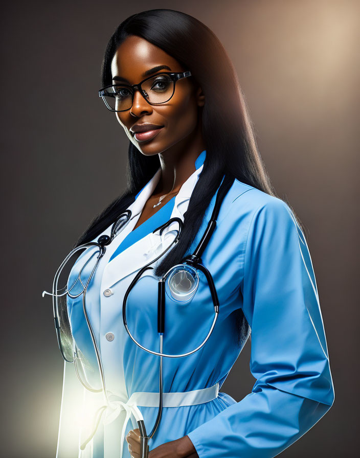 Confident professional woman in glasses with stethoscope and blue coat.