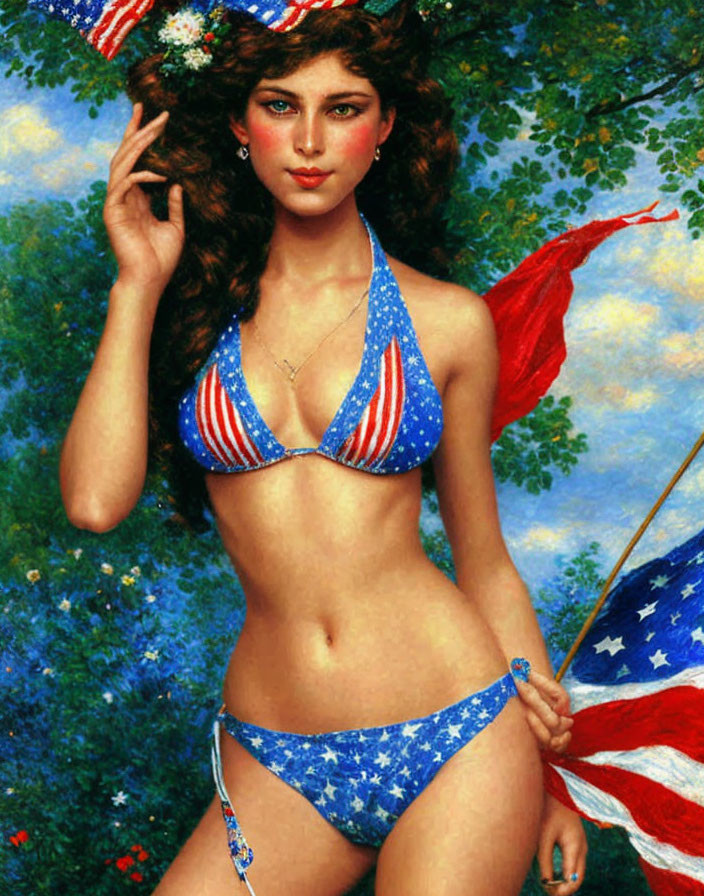 Digital artwork: Woman in patriotic bikini saluting with American flag and green foliage.