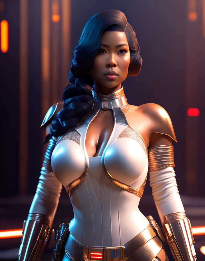 Futuristic female character in 3D render with glowing orange lights