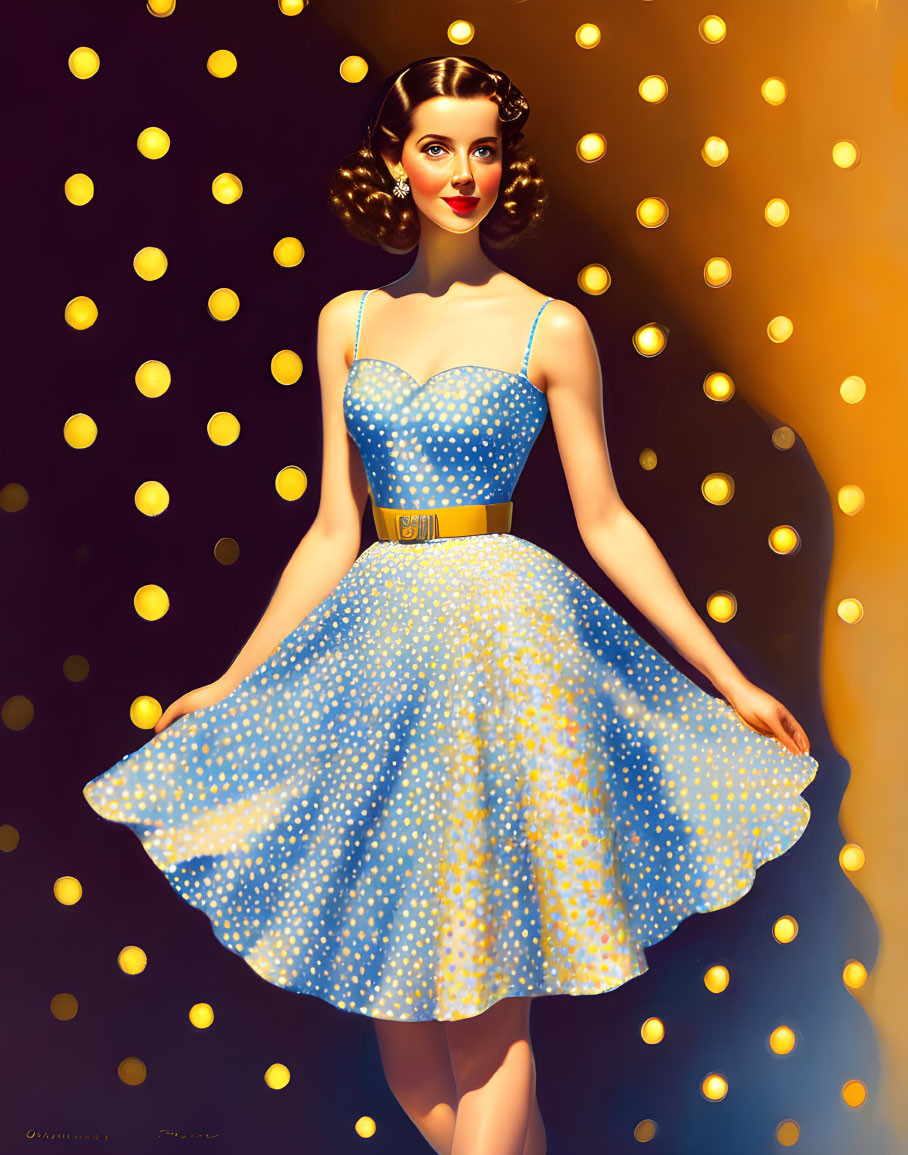 Vintage-style Woman in Blue Polka-Dotted Dress on Yellow Bokeh Background