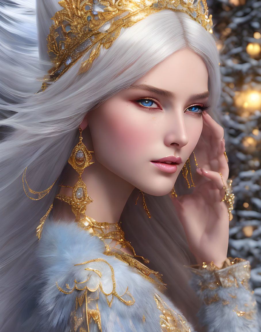 Digital portrait of woman with silver hair, blue eyes, golden crown, jewelry, and fur-lined cloak