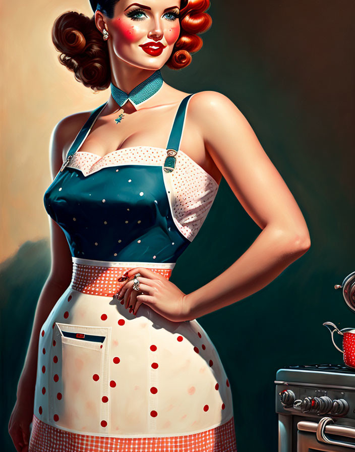 Illustration of woman in pin-up style with retro dress in vintage kitchen