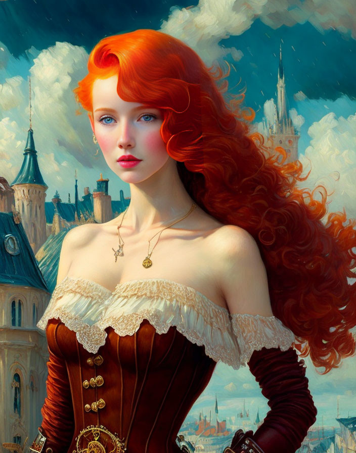 Vibrant Red-Haired Woman in Medieval Dress with Castle Background