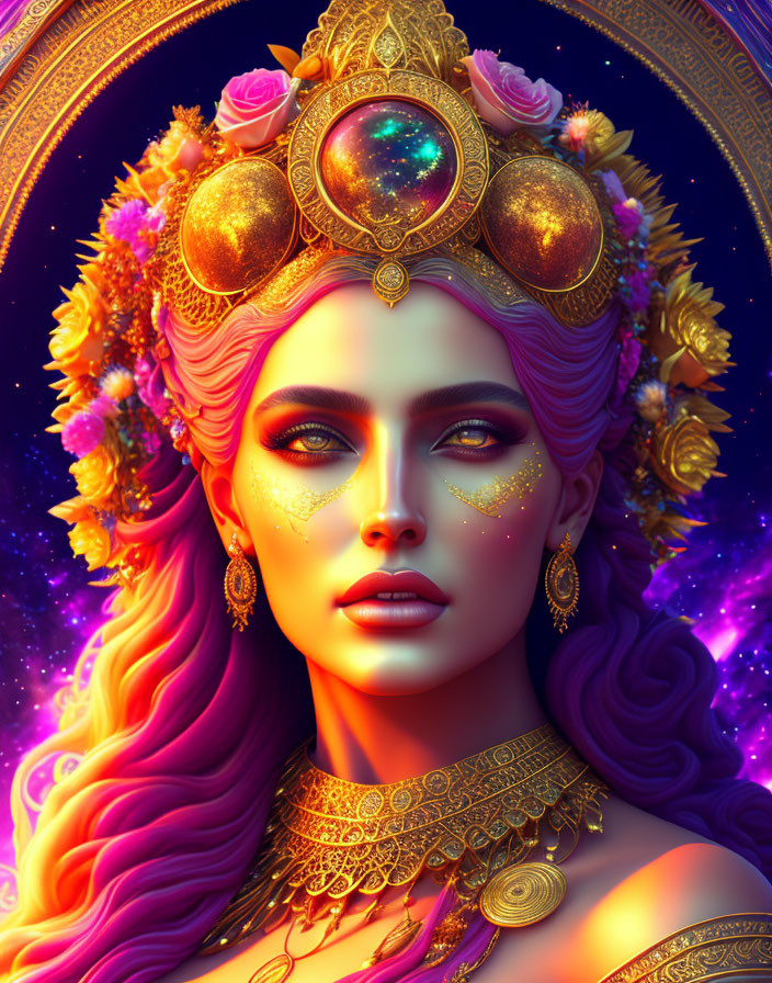 Digital artwork: Woman with cosmic makeup & celestial crown on starry background