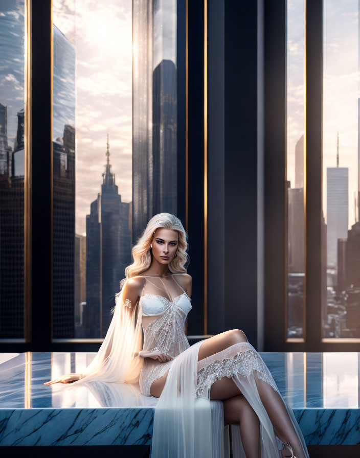 Woman in White Lingerie on Marble Bench Overlooking City Skyline at Sunrise