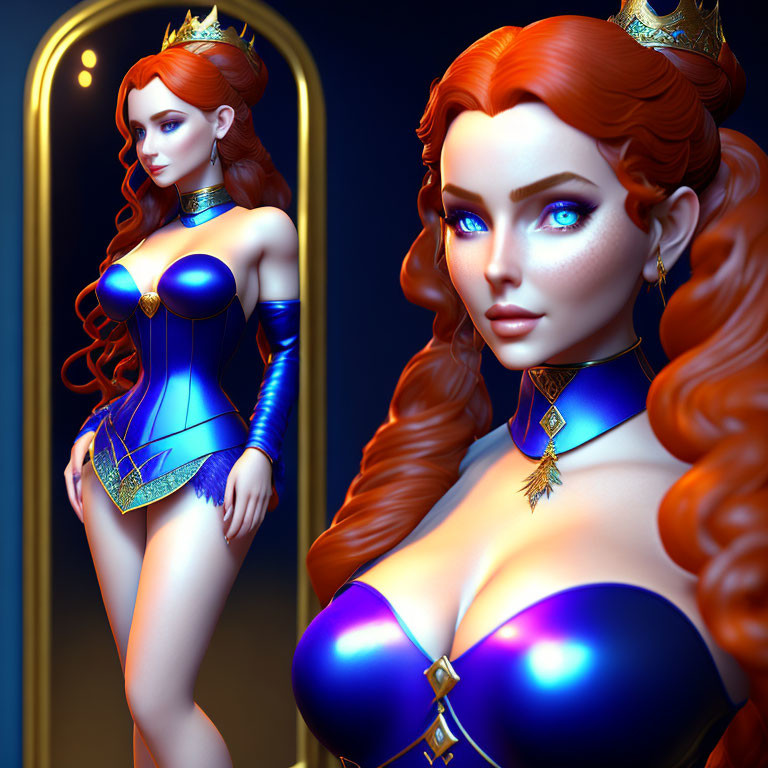 Vibrant red-haired female character in ornate blue and gold dress beside mirror