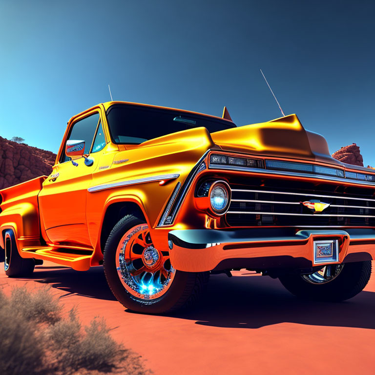 Vintage orange truck with chrome details and shiny rims in desert scenery