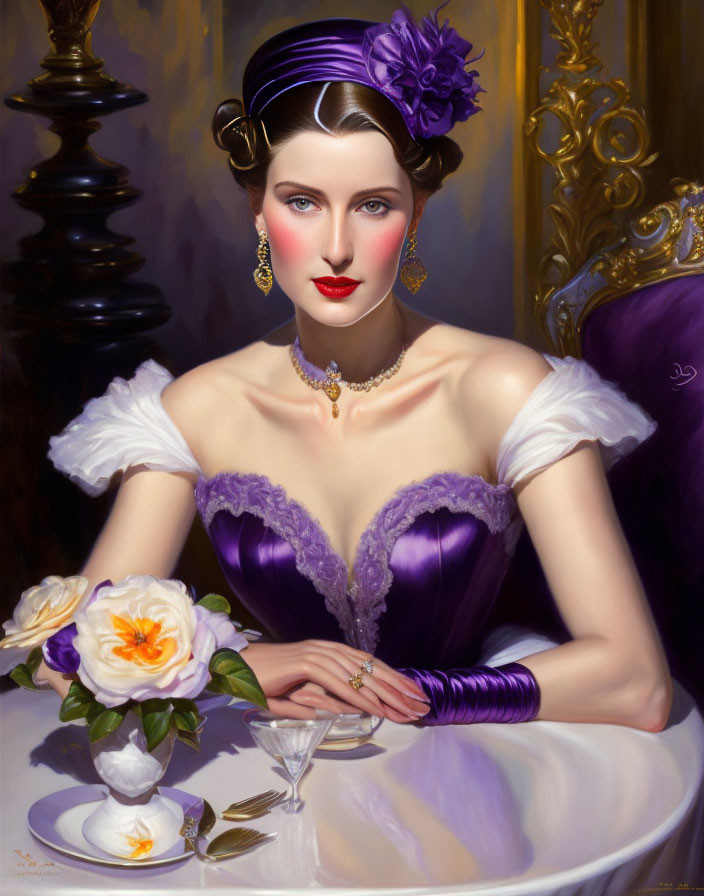 Stylish woman in purple dress with headband and white rose on table