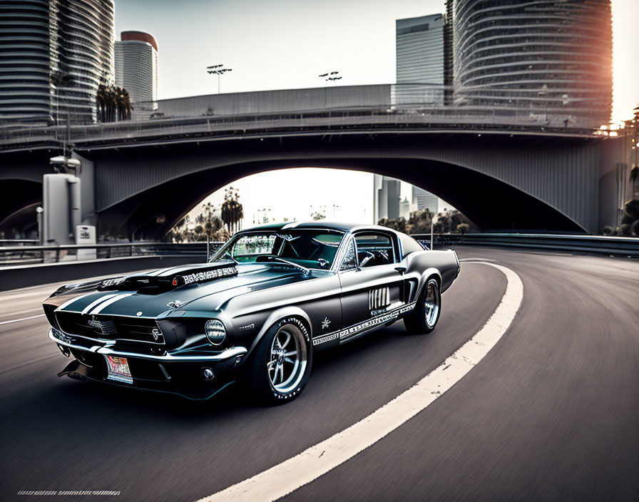 Silver Ford Mustang GT with Black Stripes Driving on Road with Blurred City Buildings
