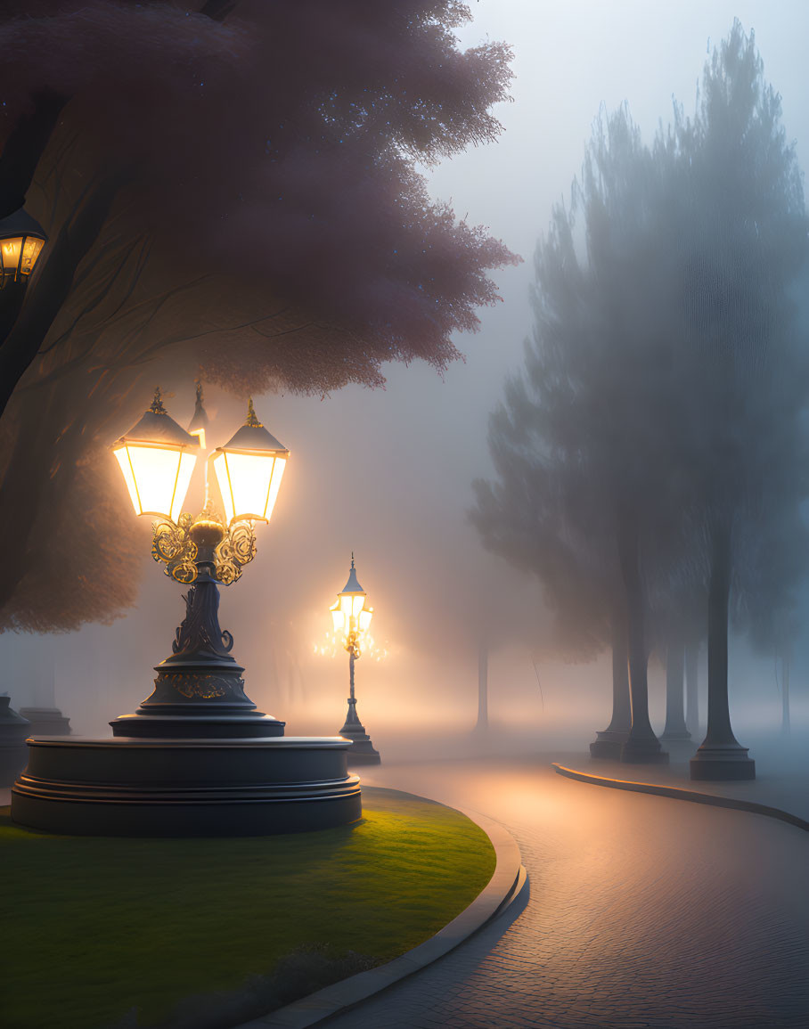 Ethereal foggy scene with glowing street lamps and ghostly trees