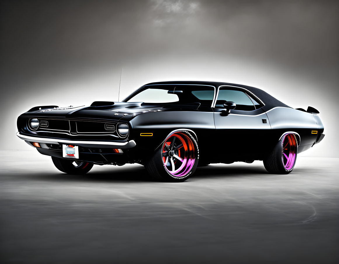 Vintage Muscle Car with Hood Scoops, Chrome Accents, and Neon Underglow on Grey Gradient