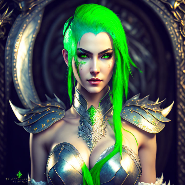 Fantasy character with neon green hair and ornate golden armor