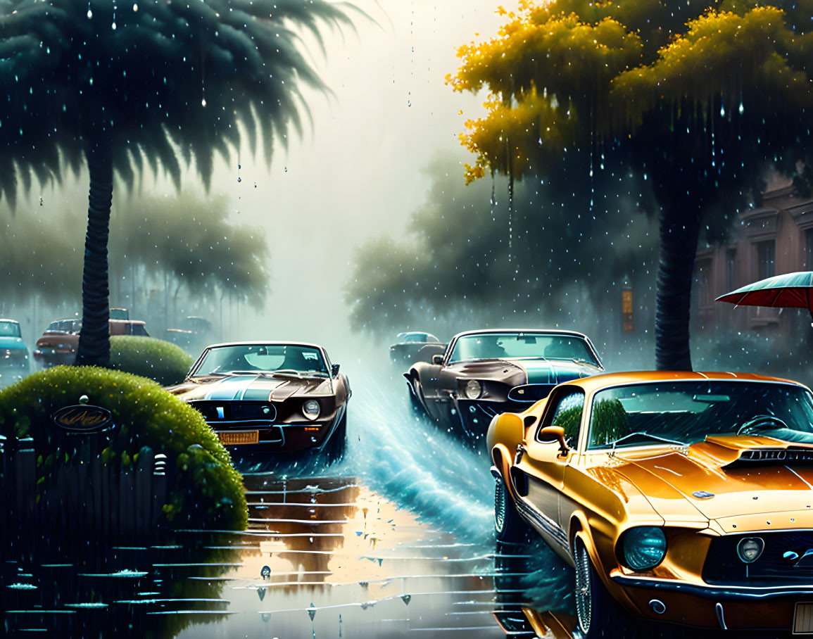 Vintage cars and palm trees on rain-drenched street with vibrant colors and misty ambiance