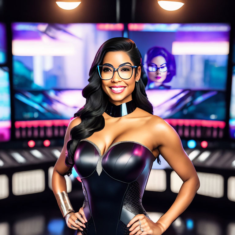 Smiling woman in futuristic bodysuit and glasses in control room