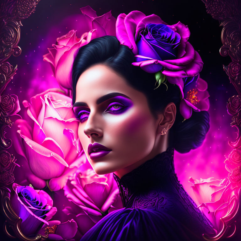 Digital Artwork: Woman with Dark Hair and Purple Roses