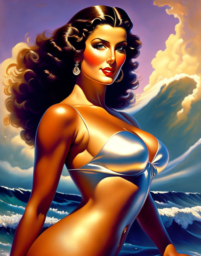 Illustrated portrait of woman with wavy hair in silver top against ocean backdrop