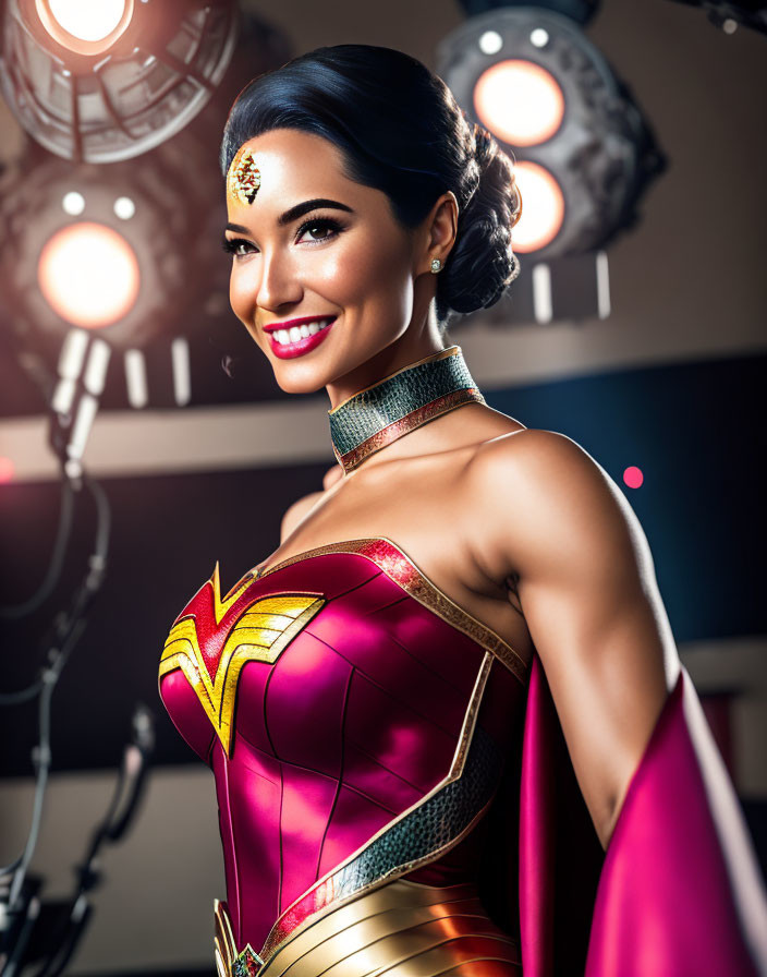 Smiling woman in Wonder Woman costume with stage lights