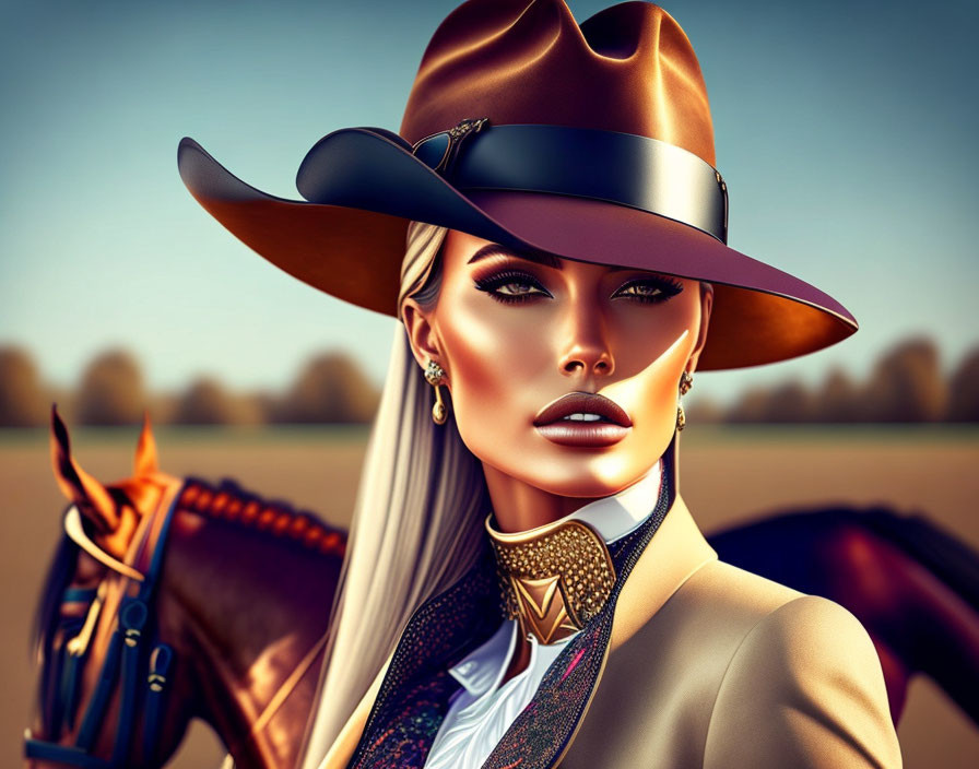 Stylized illustration of woman with makeup, wide-brimmed hat, and horse in dusk setting