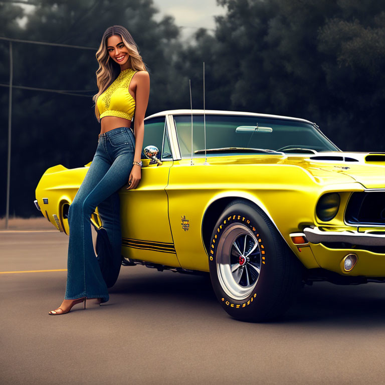 Smiling woman in yellow top leans on classic yellow muscle car on hazy road