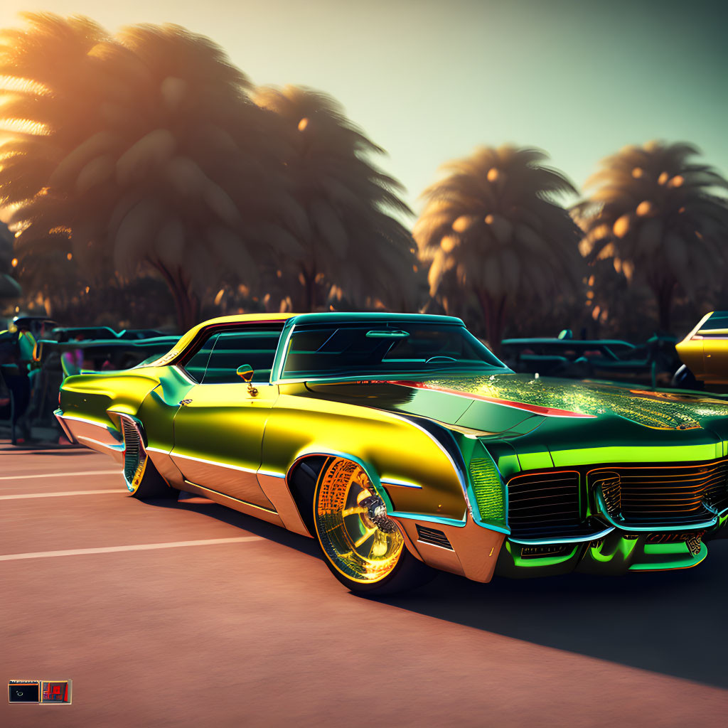 Vintage Lime Green Car with Golden Rims in Warm Sunset Light by Palm Trees
