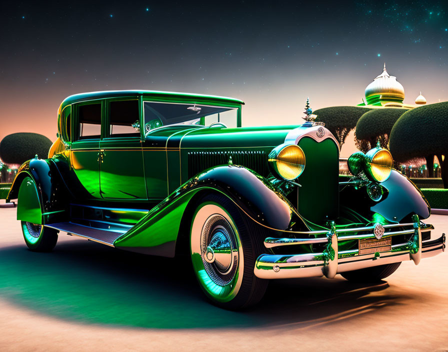 Classic Green Car with Chrome Accents Parked Among Nighttime Illuminated Buildings