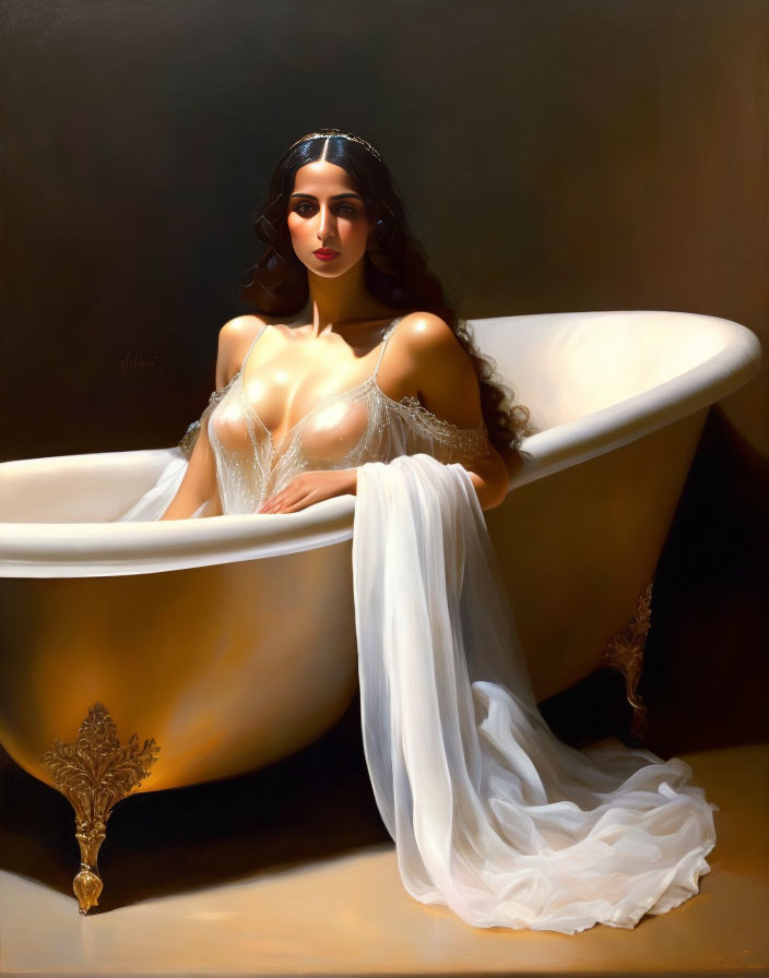 Dark-haired woman in headband sitting in bathtub with flowing garment.