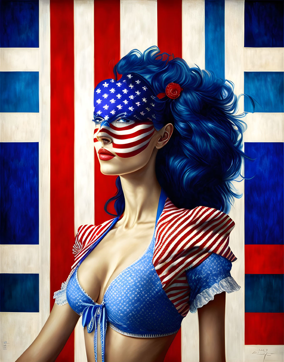 Vibrant blue hair woman with American flag mask on red and white background