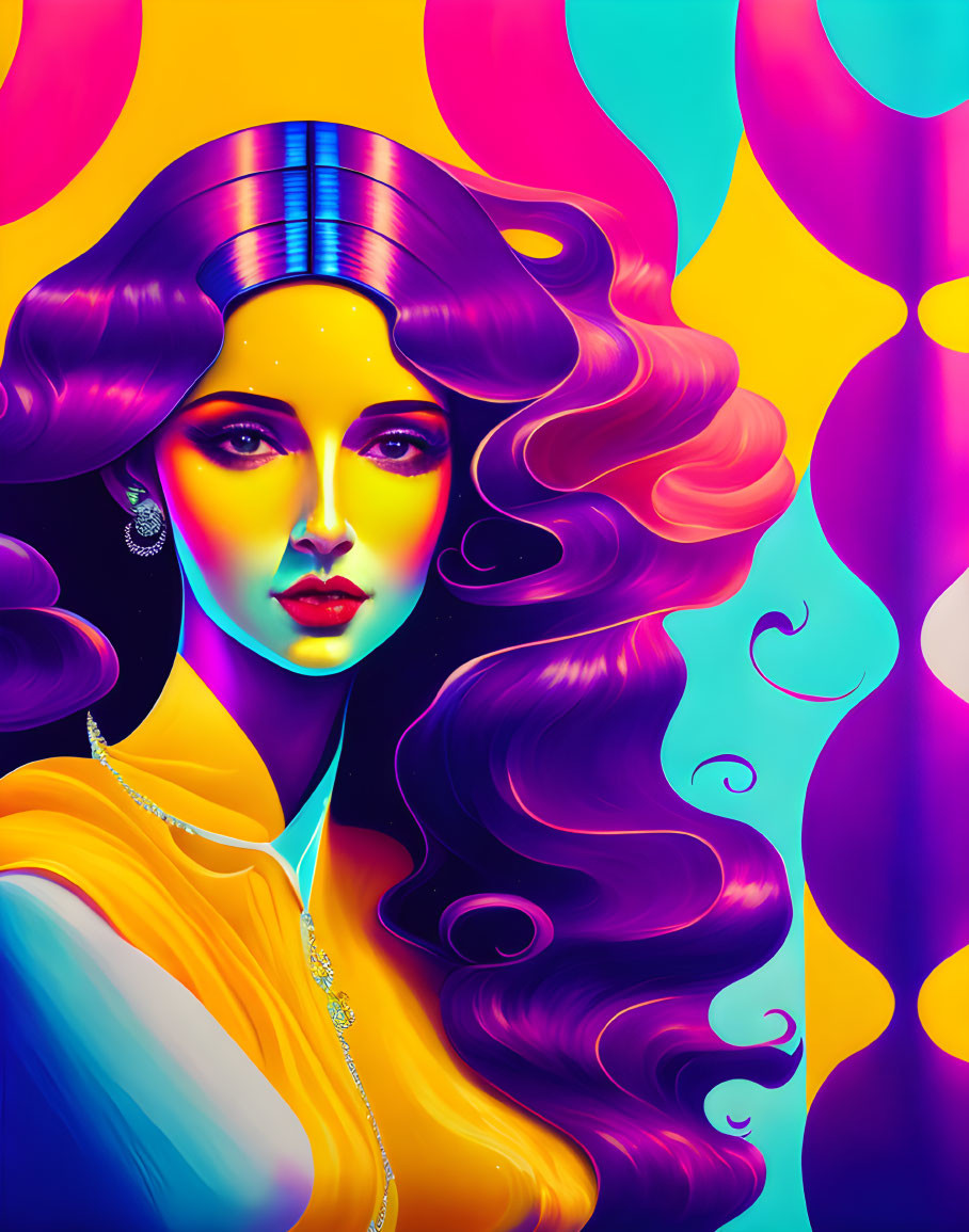 Colorful digital art portrait of a woman with flowing purple hair and gradient purple-to-blue attire.