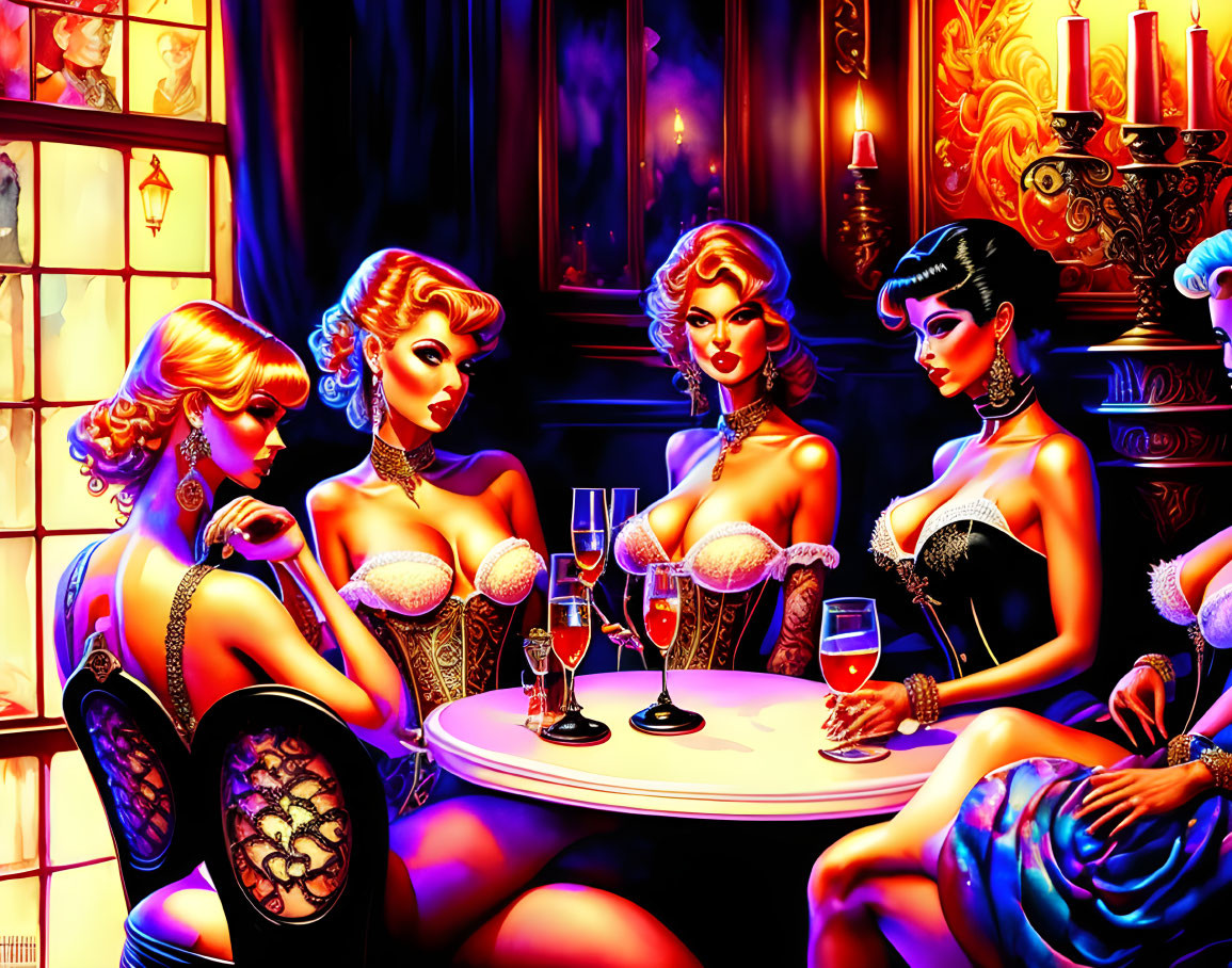 Four glamorous women in corseted outfits around a table in a richly colored room.