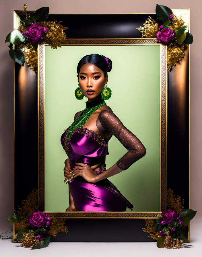 Woman in Purple Dress and Green Accessories Poses in Golden Frame with Roses