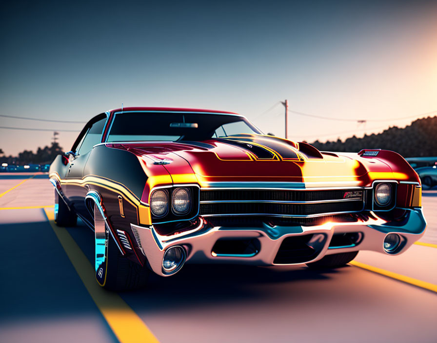 Vintage Red and Yellow Striped Car with Chrome Details Parked on Empty Road at Sunset