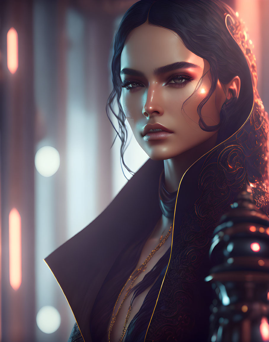 Detailed digital portrait of woman with gold headpiece and dark hair in futuristic setting