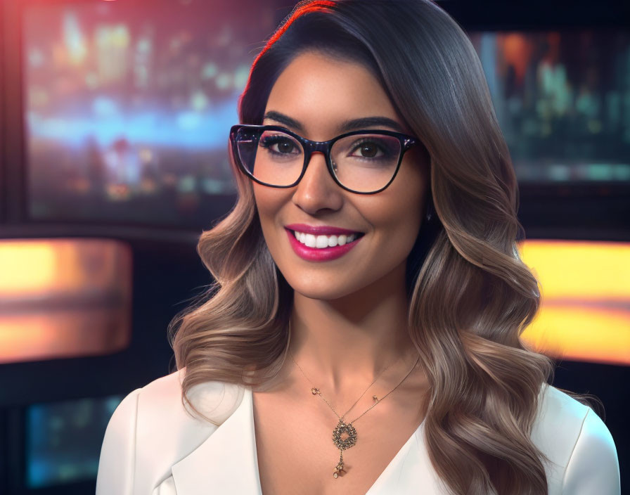 Curly-Haired Woman in Glasses Smiling Against Blurred Screen Panels