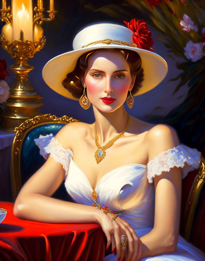 Illustration of elegant woman in wide-brimmed hat with red flower, white gown, jewelry,