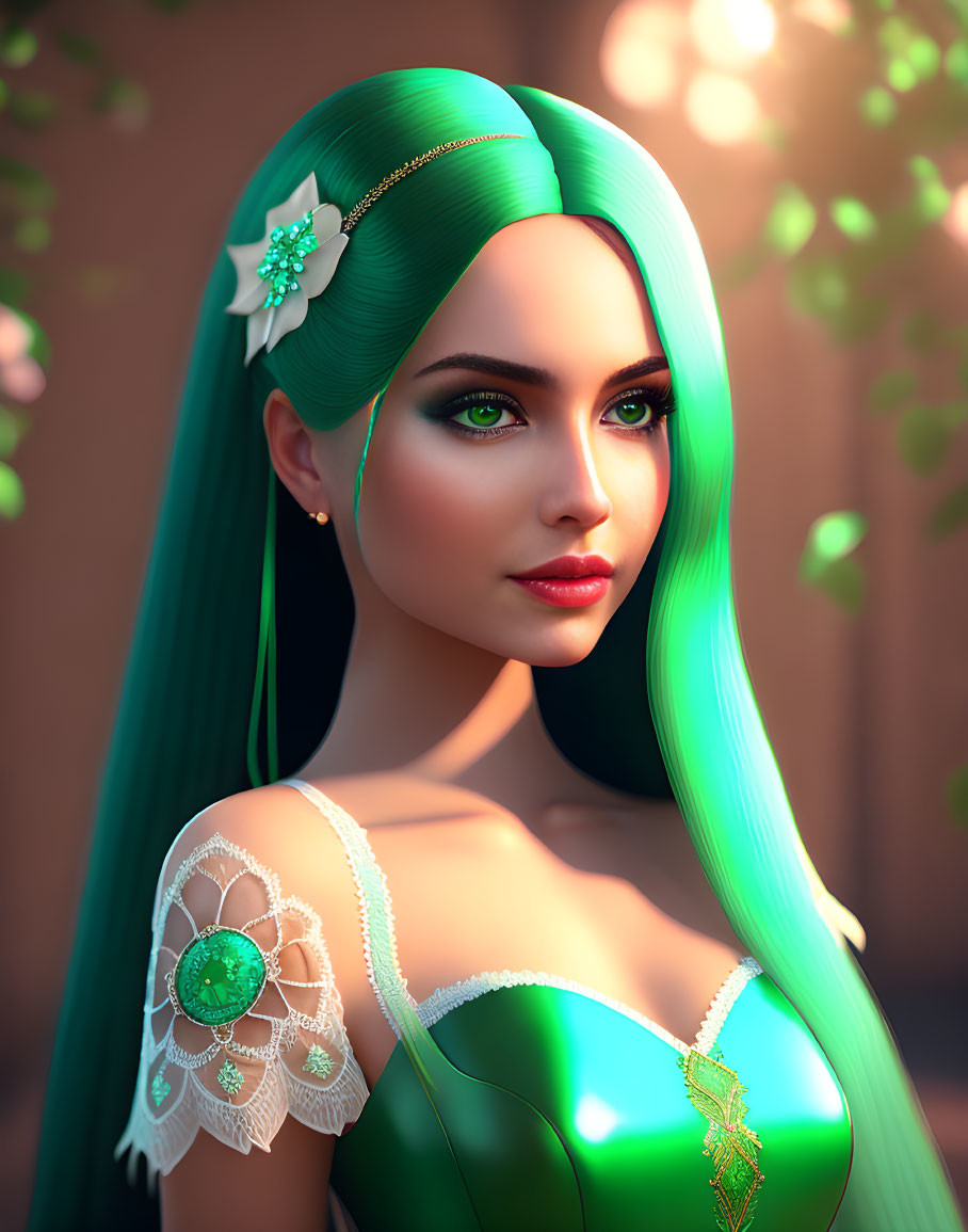 Portrait of Woman with Striking Green Hair and Flower Clip in Green Dress