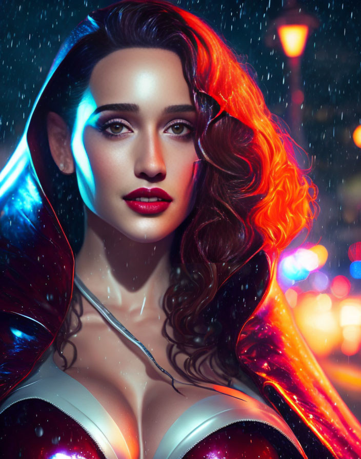 Woman with Two-Toned Hair and Vibrant Lipstick in Glossy Cape on Neon-Lit Rain