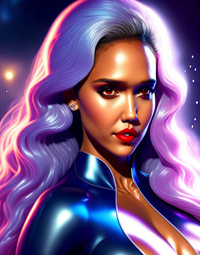 Digital artwork: Woman with glowing skin, red eyes, lavender hair, blue outfit on neon-lit