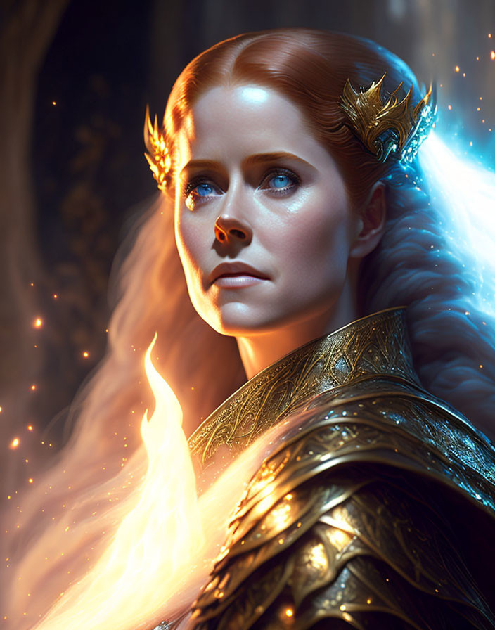 Regal woman with glowing skin and fiery elements in golden crown and ornate armor.